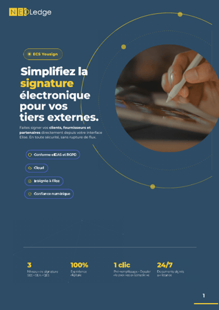 NeoLedge propose une offre complète de signature électronique intégrée à la GED Elise : parapheur interne Elise Flow, signature externe ECS Yousign et ECS NGSign. Conforme eIDAS, RGS et RGPD. Brochure Yousign