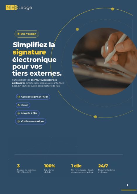 NeoLedge propose une offre complète de signature électronique intégrée à la GED Elise : parapheur interne Elise Flow, signature externe ECS Yousign et ECS NGSign. Conforme eIDAS, RGS et RGPD. Brochure Yousign